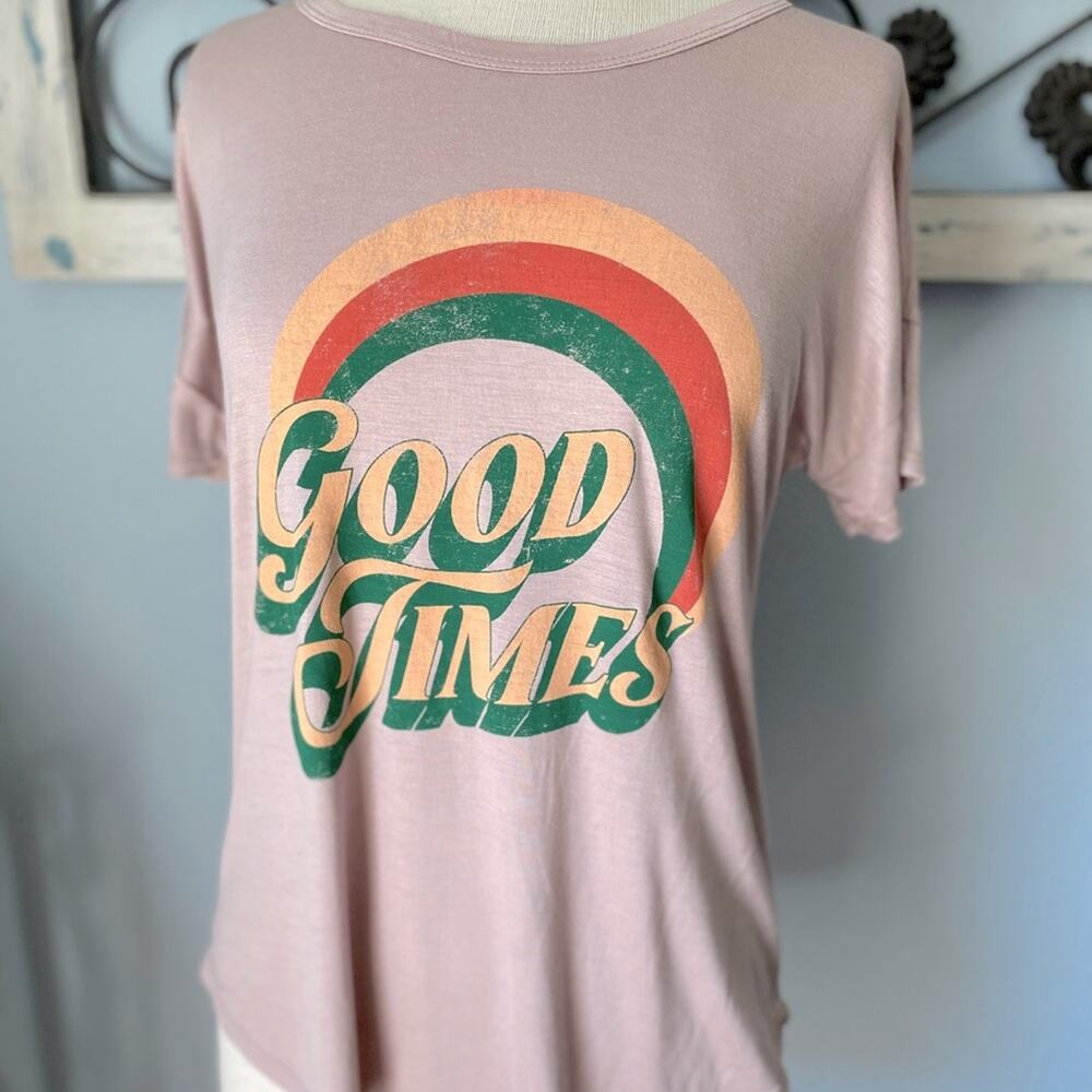 Rainbow Graphic Top 70's Boho Vibe Good Times Tee Shirt Taupe Blush Size Medium - Picture 3 of 6